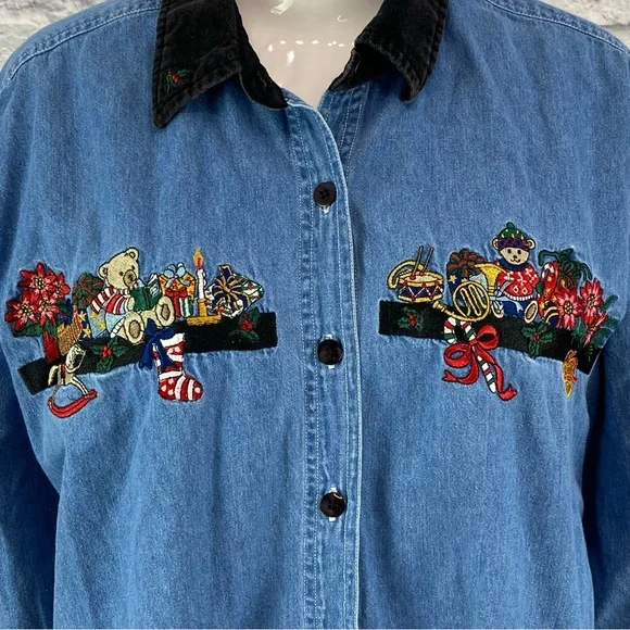 Vintage 1990s Fade Glory Christmas Embroidered Denim Blouse - Picture 4 of 6